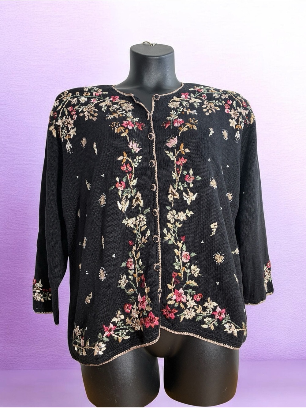 Heirloom Collectibles Black Floral Embroidered Button-Front Cardigan Sweater